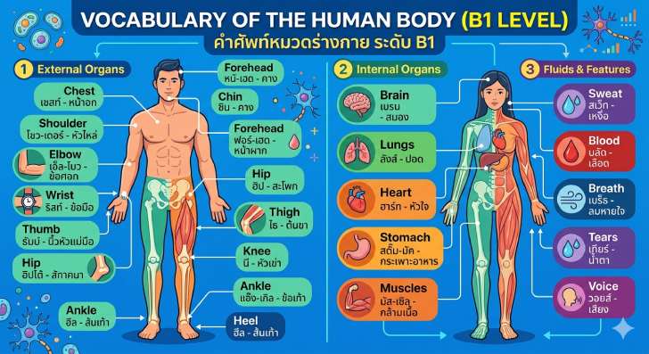 ฟรีสื่อการเรียนการสอน รวมคำศัพท์ภาษาอังกฤษและคำอ่าน หมวดร่างกายระดับ B1 (CEFR)