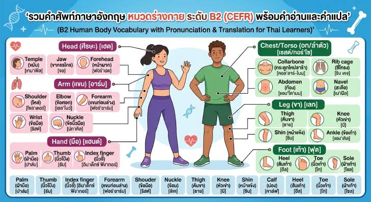 ฟรีสื่อการเรียนการสอน รวมคำศัพท์ภาษาอังกฤษและคำอ่าน หมวดร่างกายระดับ B2 (CEFR)