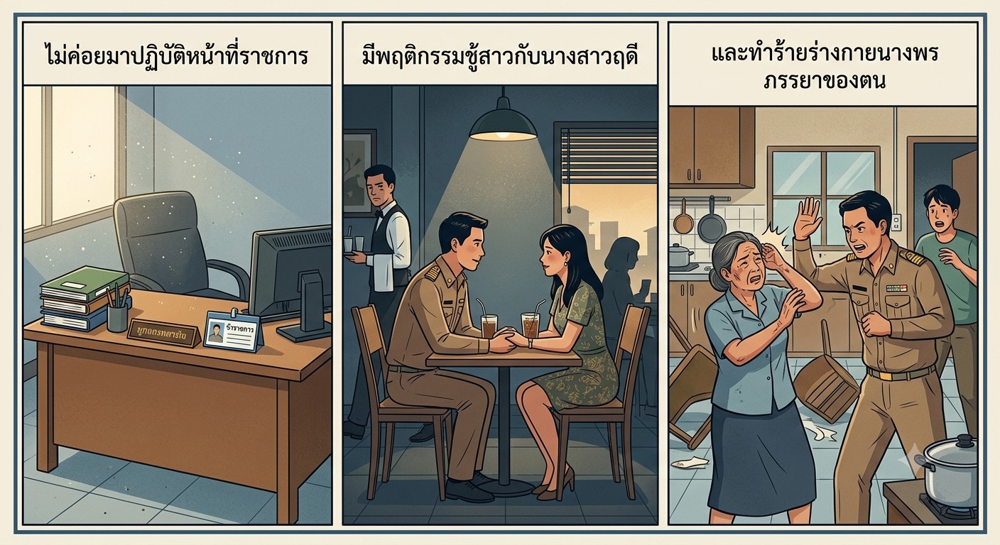 กรณีตัวอย่างความผิดทางวินัยของข้าราชการครูและบุคลากรทางการศึกษา กระทำผิดวินัยในเรื่อง ไม่ค่อยมาปฏิบัติหน้าที่ราชการ มีพฤติกรรมชู้สาวกับนางสาวฤดี และทำร้ายร่างกายนางพร ภรรยาของตน